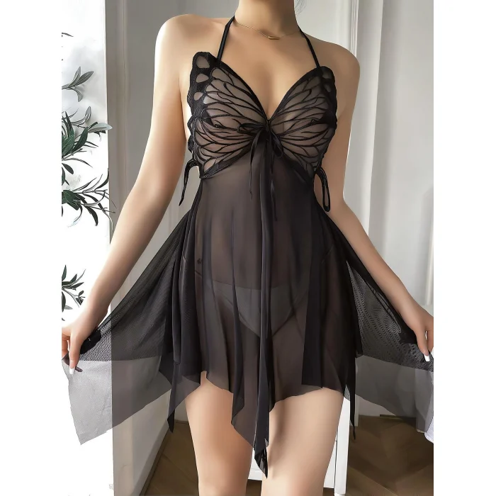 Luz&Pos Arias Closet Kelebek Görünümlü Fantezi Tül Siyah Gecelik