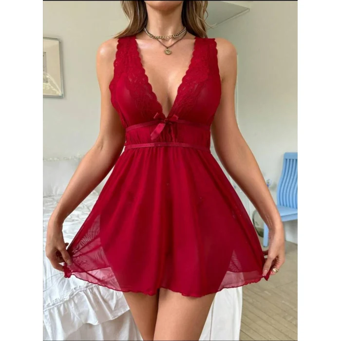 Luz&Pos Arias Closet Kırmızı Dantel İşlemeli Tül Fantezi Gecelik