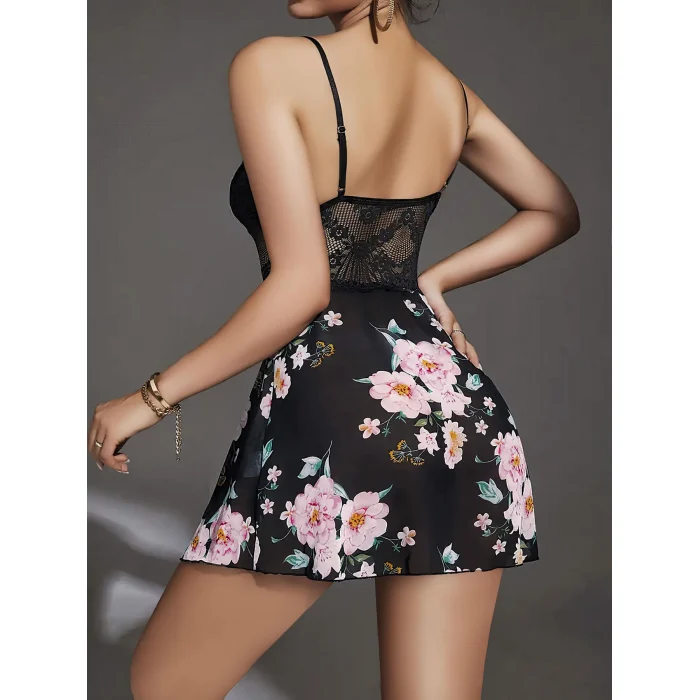 Luz&Pos Arias Closet Özel Tasarım Çiçek Desenli Dantel İşlemeli Şık Göğüs Dekolteli Siyah Saten Gecelik