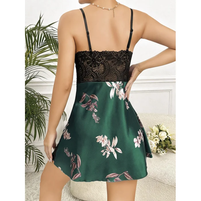 Luz&Pos Arias Closet Özel Tasarım Çiçek Desenli İnce Askılı Dantel İşlemeli Yeşil Mini Saten Gecelik