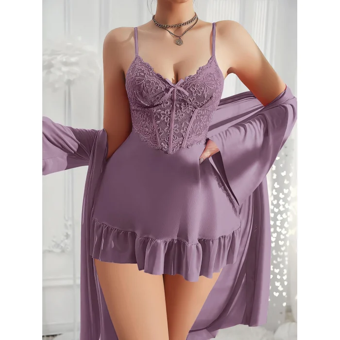 Luz&Pos Arias Closet Özel Tasarım Dantel İşlemeli Fırfırlı Sabahlıklı 2li Mor Gecelik Takımı