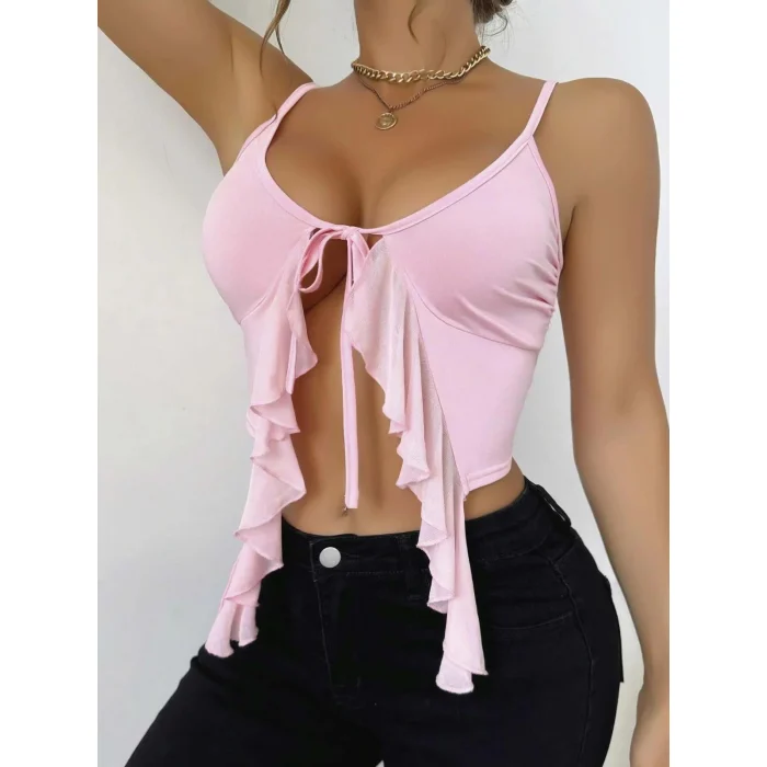 Luz&Pos Arias Closet Pembe İnce Askılı Önden Bağlamalı Fırfır Detaylı Crop
