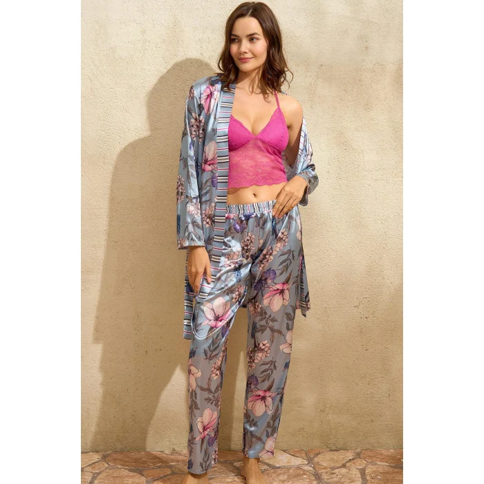 Luz&Pos Arias Closet Saten Çiçek Baskılı Sabahlık Balensiz Desteksiz Dolgusuz Dantelli Bralet Sütyen Ve Pantolon Pijama 3lü Takım