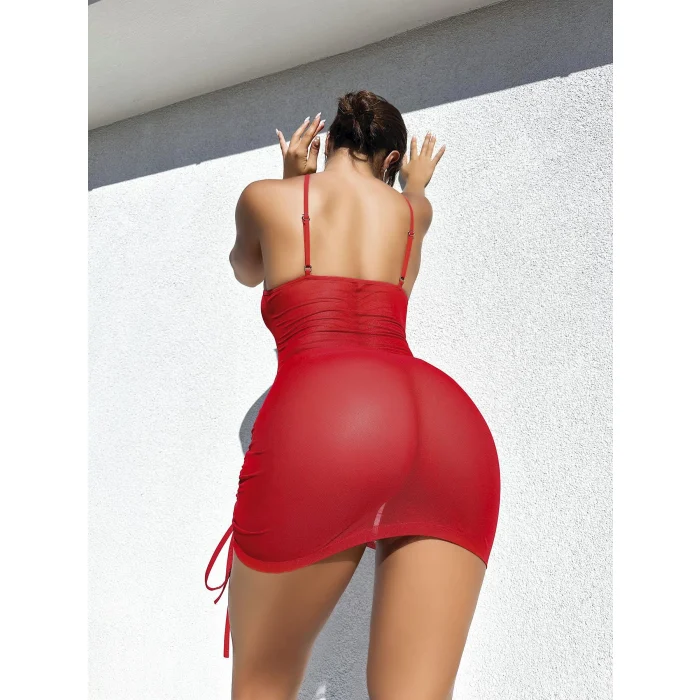 Luz&Pos Arias Closet Şık Tasarım Kırmızı İp Bağlamalı Fantezi Gece Elbisesi