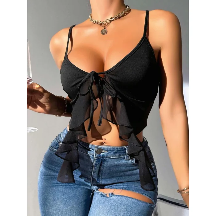 Luz&Pos Arias Closet Siyah İnce Askılı Önden Bağlamalı Fırfır Detaylı Crop