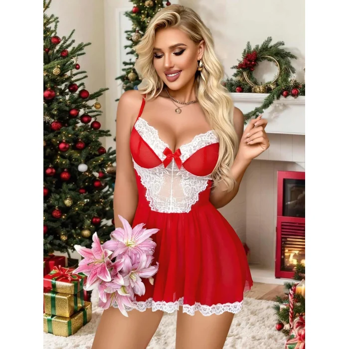 Luz&Pos Arias Closet Yılbaşı Özel Kırmızı Dantel İşlemeli Fantezi Gecelik