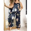 Luz&Pos Arias Closet Büyük Beden Mavi Üstüne Çiçek Desenli İnce Askılı 2li Saten Pijama Takımı