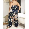 Luz&Pos Arias Closet Büyük Beden Mavi Üstüne Çiçek Desenli İnce Askılı 2li Saten Pijama Takımı