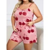 Luz&Pos Arias Closet Büyük Beden Pembe Kiraz Desen İnce Askılı Pamuklu Şortlu Pijama Takımı