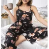 Luz&Pos Arias Closet Büyük Beden Siyah Üstüne Çiçek Desenli İnce Askılı 2li Pijama Takımı