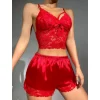 Luz&Pos Arias Closet Kırmızı Dantelli Büstiyer İnce Askılı Saten Şortlu Takım