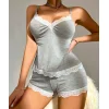 Luz&Pos Arias Closet Pamuklu Dantel İşlemeli Gri Askılı Şortlu Pijama Takımı