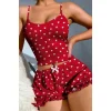 Luz&Pos Arias Closet Pamuklu Kırmızı Üstüne Beyaz Kalp Desen Fitilli Askılı Şortlu Pijama Takımı