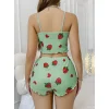 Luz&Pos Arias Closet Pamuklu Yeşil Üstüne Çilek Desen Fitilli Askılı Şortlu Pijama Takımı