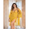 Luz&Pos Arias Closet Sarı Transparan Dantel İşlemeli Tül Yırtmaçlı 2li Gecelik Takımı