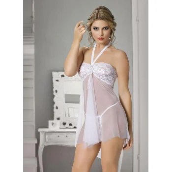 Luz&Pos Arias Closet Beyaz Dantel İşlemeli Boyundan Bağlamalı Fantezi Tül Gecelik