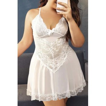 Luz&Pos Arias Closet Büyük Beden Beyaz Dantel İşlemeli İnce Askılı Gecelik