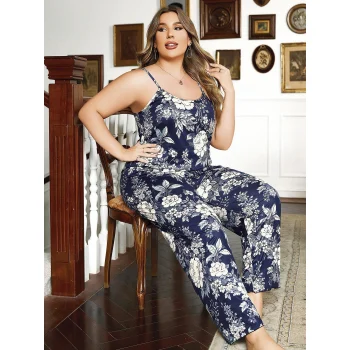 Luz&Pos Arias Closet Büyük Beden Çiçek Desenli İnce Askılı Lacivert 2li Takım