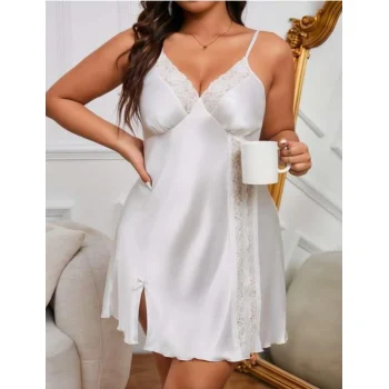 Luz&Pos Arias Closet Büyük Beden Dantel İşlemeli Beyaz Saten Gecelik