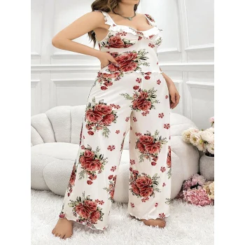 Luz&Pos Arias Closet Büyük Beden Gül Desenli İnce Askılı Beyaz Salaş 2li Takım