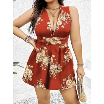 Luz&Pos Arias Closet Büyük Beden Kahverengi Üstüne Çiçek Desenli Sırt Detaylı Elbise