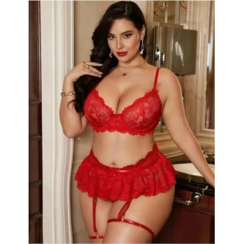 Luz&Pos Arias Closet Büyük Beden Kırmızı Dantel İşlemeli Etekli Jartiyer Takımı