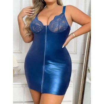 Luz&Pos Arias Closet Büyük Beden Saks Deri Dantelli Fermuarlı Fantezi Elbise