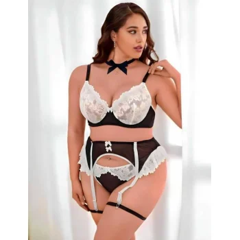 Luz&Pos Arias Closet Büyük Beden Siyah Beyaz Dantel İşlemeli Fantezi Jartiyer Takımı