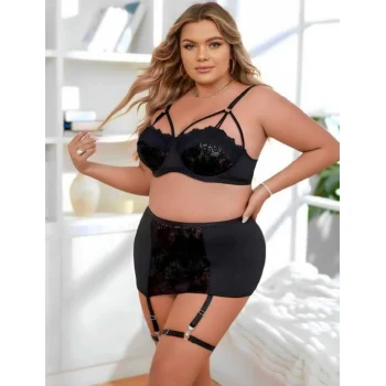 Luz&Pos Arias Closet Büyük Beden Siyah Dantel İşlemeli Dekolteli Jartiyer Takımı