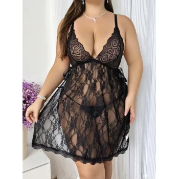 Luz&Pos Arias Closet Büyük Beden Siyah Dantel İşlemeli Fantezi Tül Gecelik