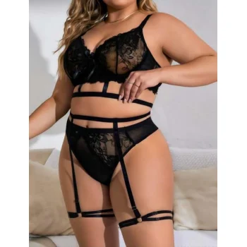 Luz&Pos Arias Closet Büyük Beden Siyah Dantel İşlemeli İpli Fantezi Jartiyer Takımı