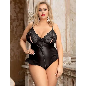 Luz&Pos Arias Closet Büyük Beden Siyah Parlak Dantel İşlemeli Fermuarlı Fantezi Babydoll