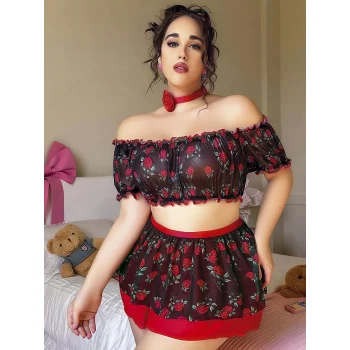 Luz&Pos Arias Closet Büyük Beden Siyah Üstüne Gül Desenli Fantezi Etekli Büstiyer Takımı
