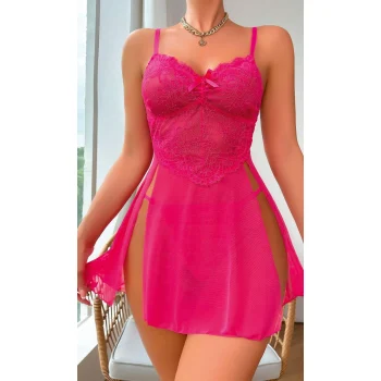 Luz&Pos Arias Closet Fuşya Dantel İşlemeli Transparan Fantezi Tül Gecelik