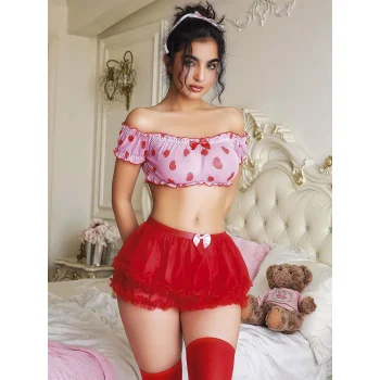 Luz&Pos Arias Closet Kalp Desenli Fantezi Kırmızı Gecelik