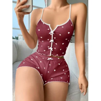 Luz&Pos Arias Closet Pamuklu Kahverengi Üstüne Beyaz Kalp Desen Fitilli Askılı Şortlu Pijama Takımı