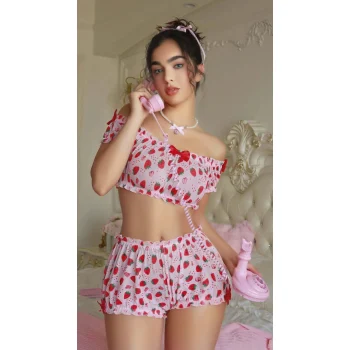 Luz&Pos Arias Closet Pembe Çilek Desenli Şortlu Fantezi Sütyen Takımı