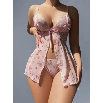 Luz&Pos Arias Closet Pembe Dantel İşlemeli Çiçek Desenli Fantezi Gecelik