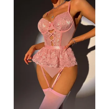 Luz&Pos Arias Closet Pembe Dantel İşlemeli Kalp Desenli Fantezi Jartiyer Takımı