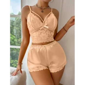 Luz&Pos Arias Closet Sarı Dantelli Büstiyer İnce Askılı Saten Şortlu Takım