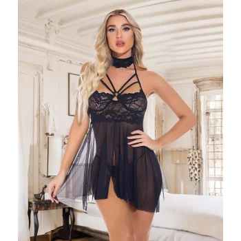 Luz&Pos Arias Closet Siyah Dantel İşlemeli Fantezi Tül Gecelik Takımı