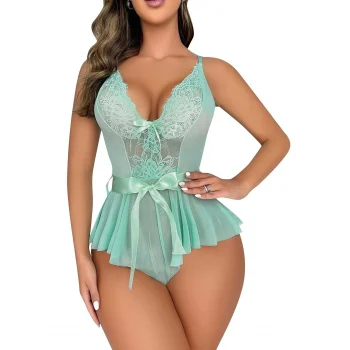 Luz&Pos Arias Closet Yeşil Dantel İşlemeli Kurdelalı Fantezi Tül Babydoll