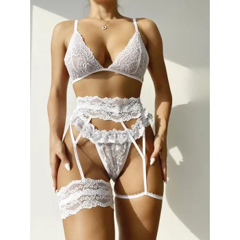 Luz&Pos Arias Closet Beyaz Dantel Bacak Bantlı Jartiyerli Sütyen Külot Takımı
