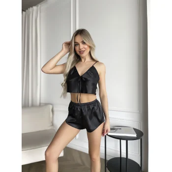 Luz&Pos Arias Closet İnce Askılı Siyah Saten Şortlu Takım