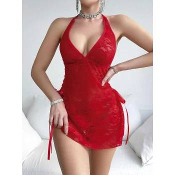 Luz&Pos Arias Closet Kırmızı Dantel İşlemeli Yandan Bağlamalı Fantezi Tül Gecelik