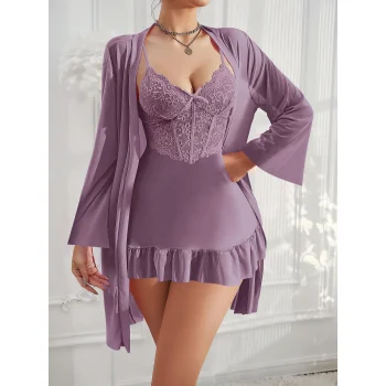 Luz&Pos Arias Closet Özel Tasarım Dantel İşlemeli Fırfırlı Sabahlıklı 2li Mor Gecelik Takımı