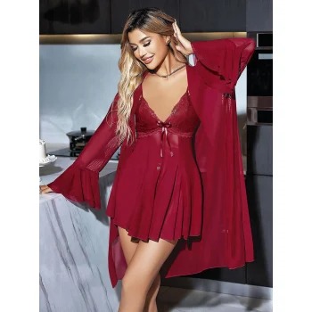 Luz&Pos Arias Closet Özel Tasarım Dantel İşlemeli Göğüs Dekolteli Sabahlıklı Bordo 2li Tül Gecelik Takımı