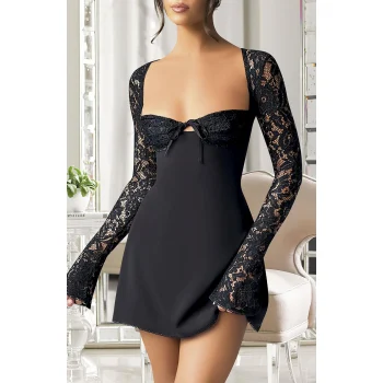 Luz&Pos Arias Closet Özel Tasarım Dantel İşlemeli Şık Uzun Bolerolu Siyah Fantezi Mini Club Elbisesi