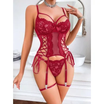 Luz&Pos Arias Closet Özel Tasarım Kırmızı Dantel İşlemeli Fantezi Jartiyer Takımı