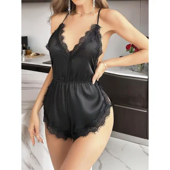 Luz&Pos Arias Closet Siyah İnce Askılı Dantel İşlemeli Sırt Dekolteli Saten Body Gecelik